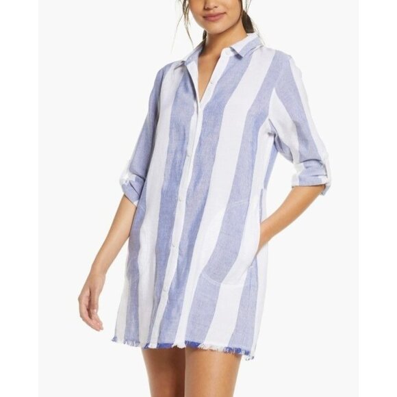 Tommy Bahama Rugby Beach Stripe Cover-Up Tunic Shirt Dress Linen Blue Size M - Picture 1 of 8